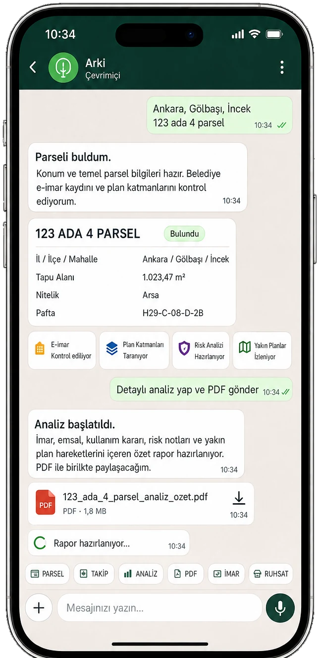 Arki WhatsApp konuşması: parsel sorgusu, imar özeti ve PDF rapor